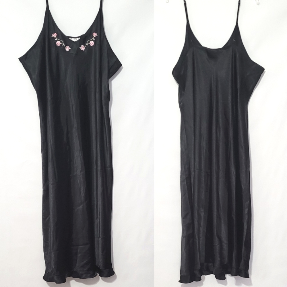 Pink K Black Satin Maxi Nightgown Floral Embroidered 2X Plus Size